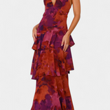 Domenica Vestido de Gasa con Escote en V y Capas Exclusivas