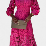Lucinda Vestido Midi Encaje Electa Mangas Farol Cuello Alto