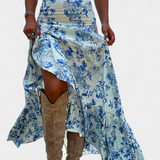 Luna Falda Maxi Floral Azul Exclusiva Abertura Con Volantes