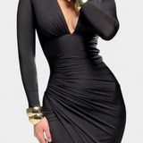 Freda Vestido Manga Larga Con Plisado Exclusivo Escote En V