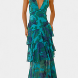 Domenica Vestido de Gasa con Escote en V y Capas Exclusivas
