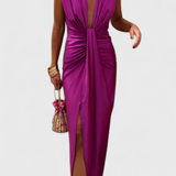 Lakisha Vestido Midi Fruncido Escote Profundo Exclusivo