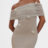 Barbara Vestido Maxi Punto Off Shoulder Orquídeas 3D Edición