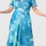 Almira Vestido De Gasa Azul Estampado Acuarela Exclusivo