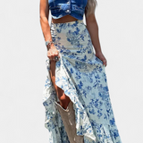 Luna Falda Maxi Floral Azul Exclusiva Abertura Con Volantes