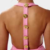 Yvonne Vestido Mini Halter Aplique Floral Cosido a Mano