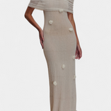 Barbara Vestido Maxi Punto Off Shoulder Orquídeas 3D Edición