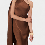Robina Vestido Largo Asimétrico Bronce Colección Exclusiva