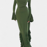 Calissa Vestido Seda Exclusivo Volantes Mangas Acampanadas