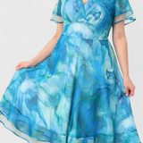 Almira Vestido De Gasa Azul Estampado Acuarela Exclusivo