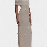 Barbara Vestido Maxi Punto Off Shoulder Orquídeas 3D Edición