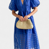 Marigold Vestido Midi Vintage Manga Abullonada Cuadrados