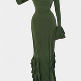 Calissa Vestido Seda Exclusivo Volantes Mangas Acampanadas
