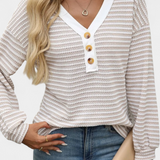 Rumer Top Rayas Acanalada Cuello en V Exclusiva Botones