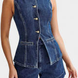 Raya Denim Chaleco Sin Mangas Y Shorts De Talle Alto Élite