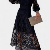 Lucinda Vestido Midi Encaje Electa Mangas Farol Cuello Alto
