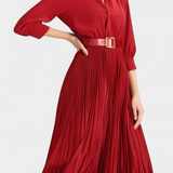 Michelle Vestido Midi Cuello Sastrero y Cinturón Plisado