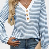 Rumer Top Rayas Acanalada Cuello en V Exclusiva Botones