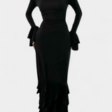 Calissa Vestido Seda Exclusivo Volantes Mangas Acampanadas