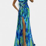 Aylin Vestido Maxi Asimétrico Estampado Colección Exclusiva