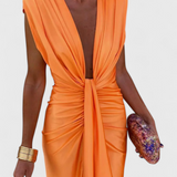 Lakisha Vestido Midi Fruncido Escote Profundo Exclusivo