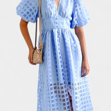 Marigold Vestido Midi Vintage Manga Abullonada Cuadrados