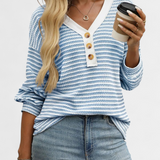 Rumer Top Rayas Acanalada Cuello en V Exclusiva Botones