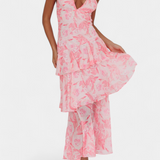 Domenica Vestido de Gasa con Escote en V y Capas Exclusivas