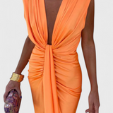 Lakisha Vestido Midi Fruncido Escote Profundo Exclusivo