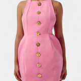 Yvonne Vestido Mini Halter Aplique Floral Cosido a Mano