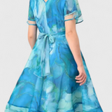 Almira Vestido De Gasa Azul Estampado Acuarela Exclusivo