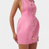 Yvonne Vestido Mini Halter Aplique Floral Cosido a Mano