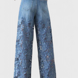 Janet Pantalón Palazzo Denim Encaje Floral Exclusivo