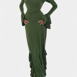 Calissa Vestido Seda Exclusivo Volantes Mangas Acampanadas