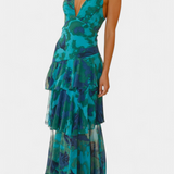 Domenica Vestido de Gasa con Escote en V y Capas Exclusivas