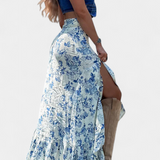 Luna Falda Maxi Floral Azul Exclusiva Abertura Con Volantes