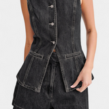 Raya Denim Chaleco Sin Mangas Y Shorts De Talle Alto Élite