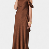 Robina Vestido Largo Asimétrico Bronce Colección Exclusiva
