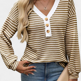 Rumer Top Rayas Acanalada Cuello en V Exclusiva Botones