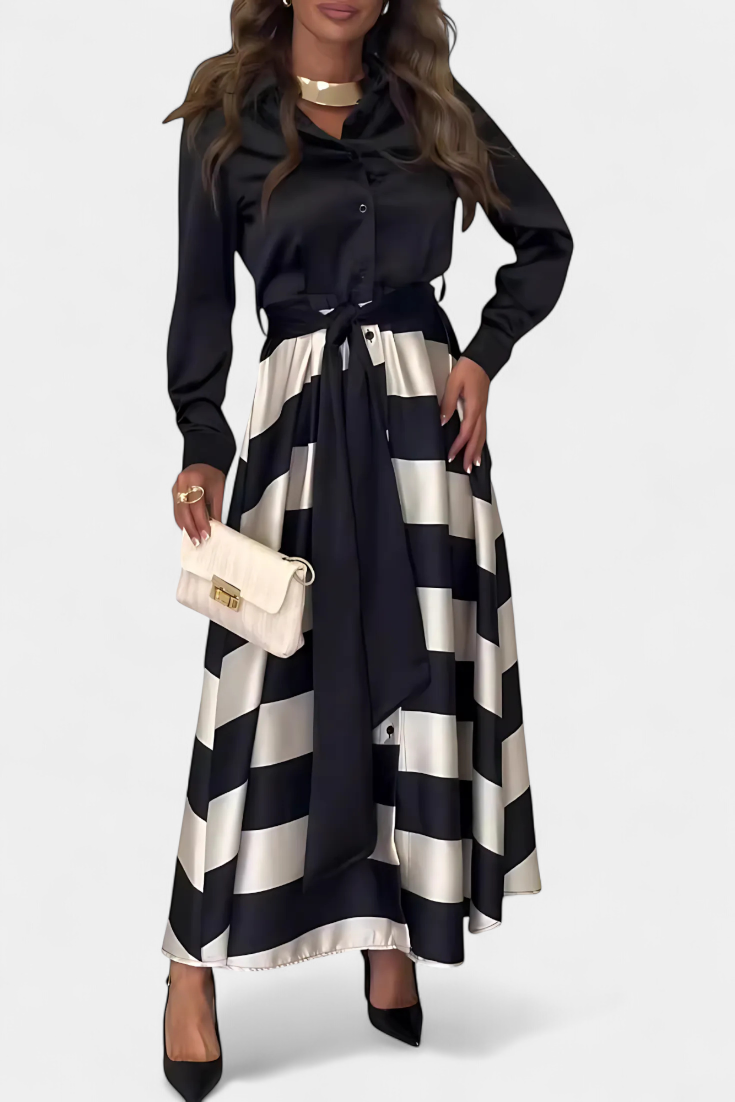 Nessia Vestido Camisero Largo Rayas Cinturón Luxe Exclusivo