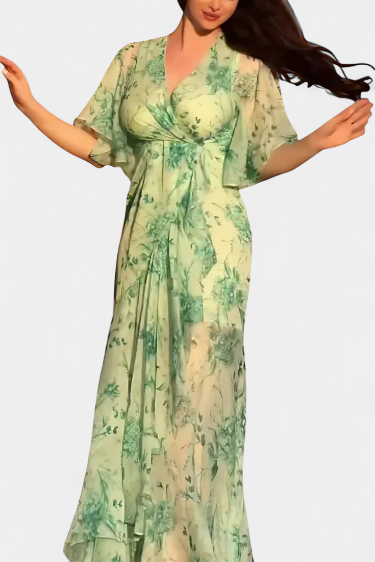 Sima Vestido Cruzado Estampado Botánico Seda Exclusivo