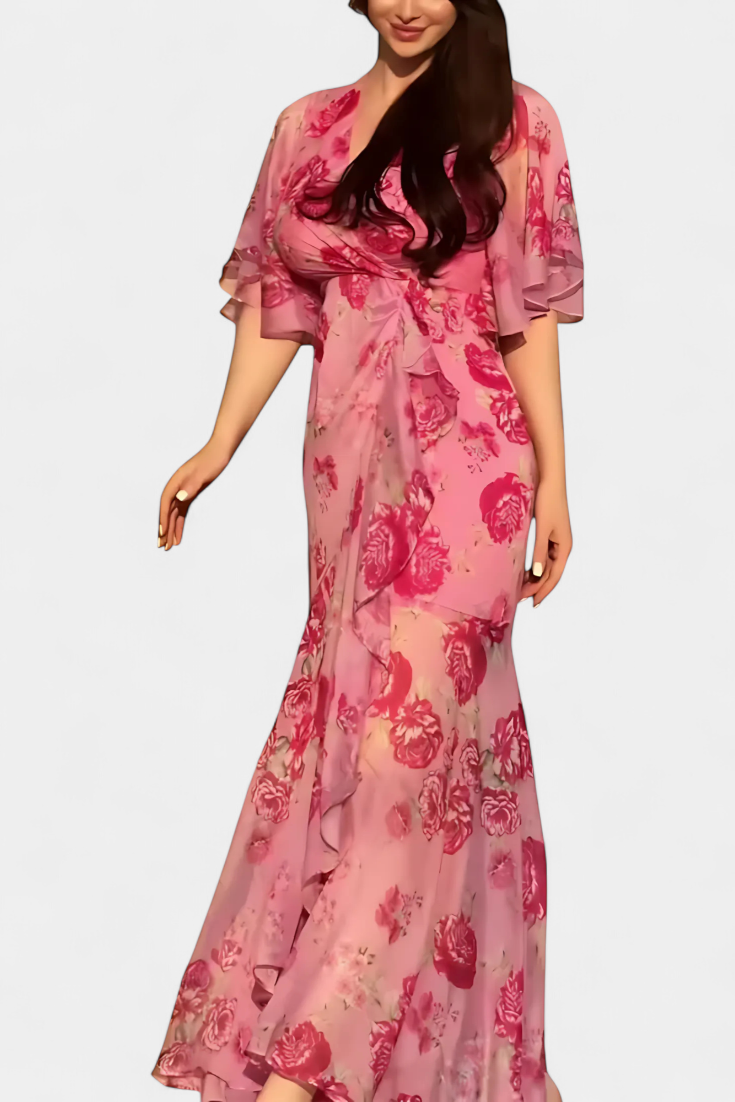 Sima Vestido Cruzado Estampado Botánico Seda Exclusivo