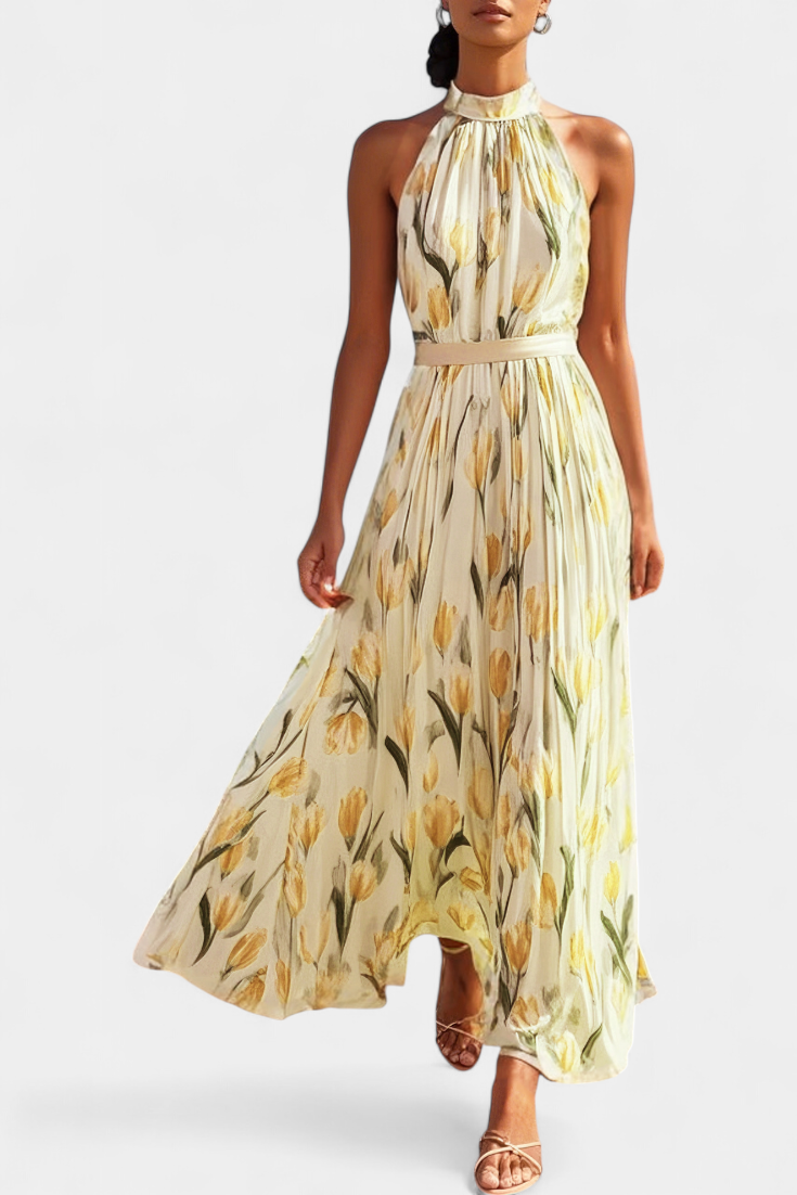 Juliene Vestido Floral Sin Mangas Cinturón Plisado Exclusivo