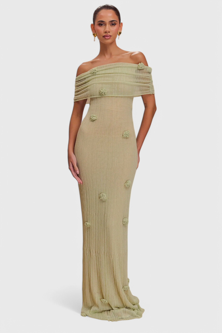Barbara Vestido Maxi Punto Off Shoulder Orquídeas 3D Edición
