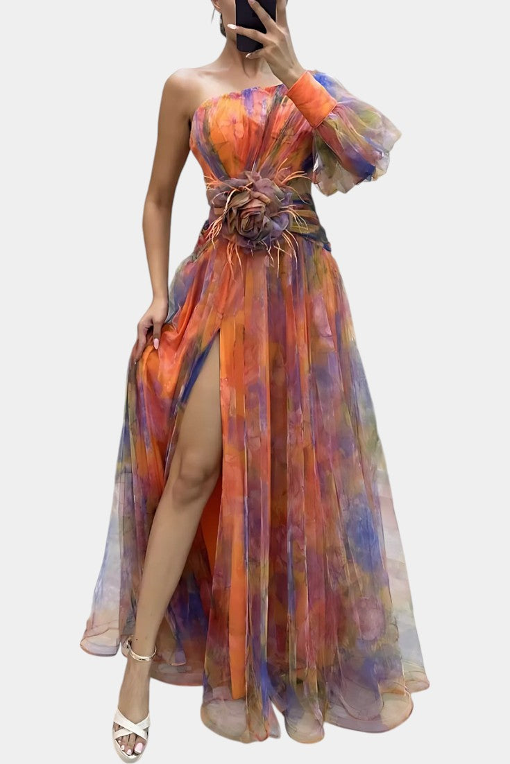 Amelie Vestido Maxi Un Hombro Estampado Artístico Exclusivo