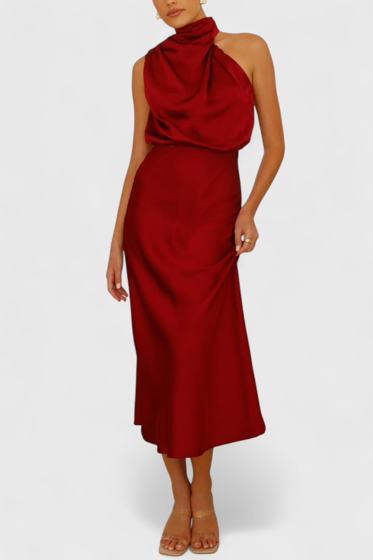 Rina Vestido Halter Drapeado Seda Colección Exclusiva