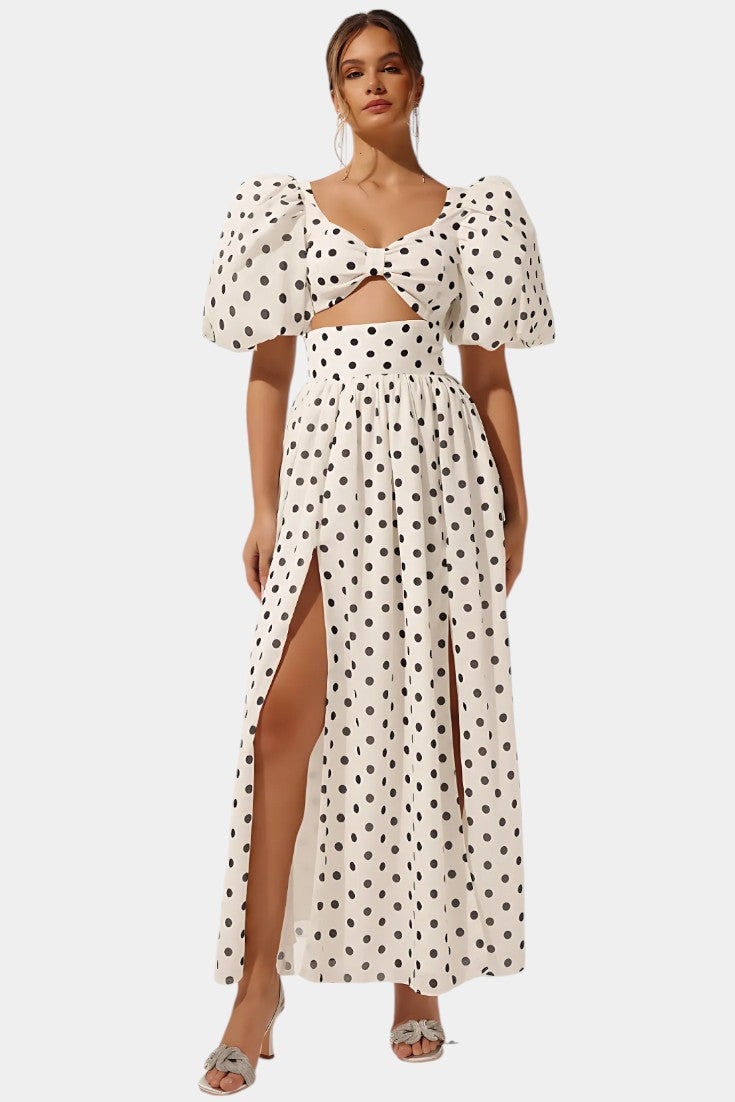 Sherine Conjunto Seda Falda Top Lunares Mangas Abullonadas