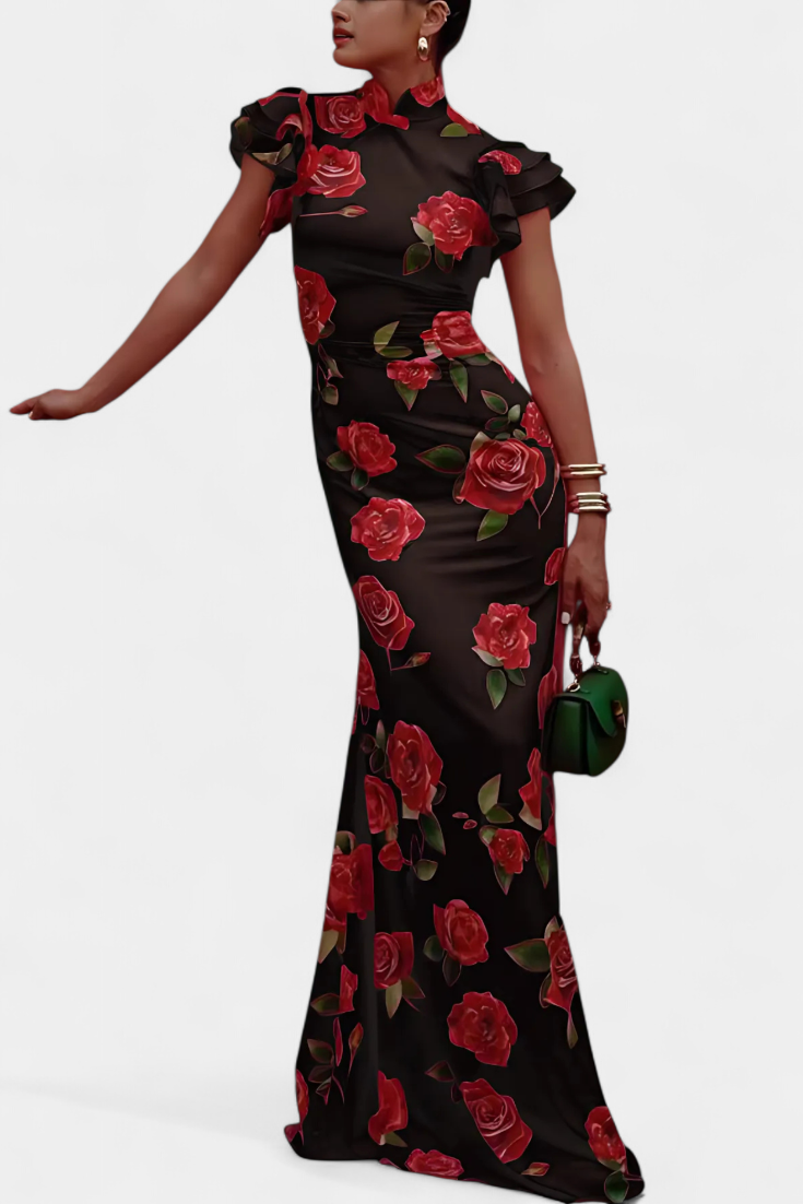 Mayra Vestido Qipao Estampado Rosas Colección Exclusiva