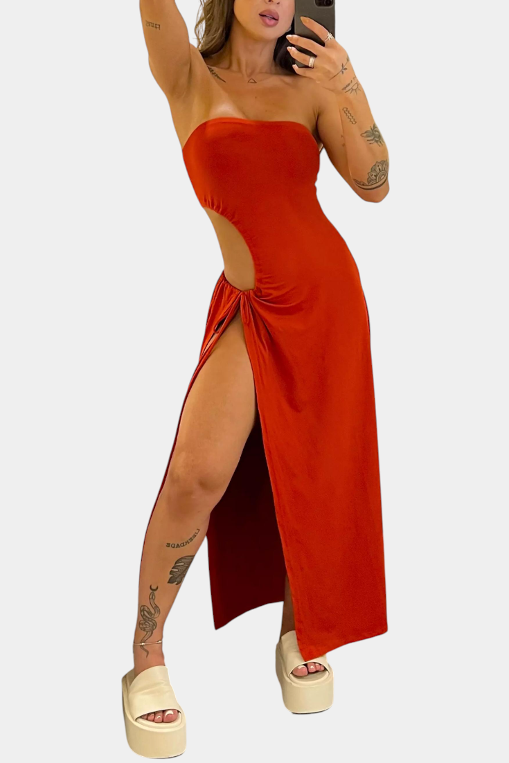 Teuta Vestido Sin Tirantes Lazo Abertura Exclusiva