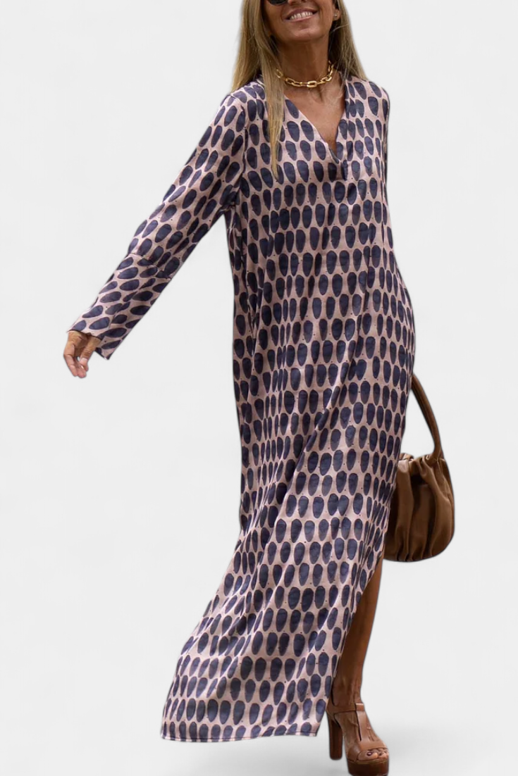 Brisa Vestido Largo Geométrico Exclusivo Con Escote En V
